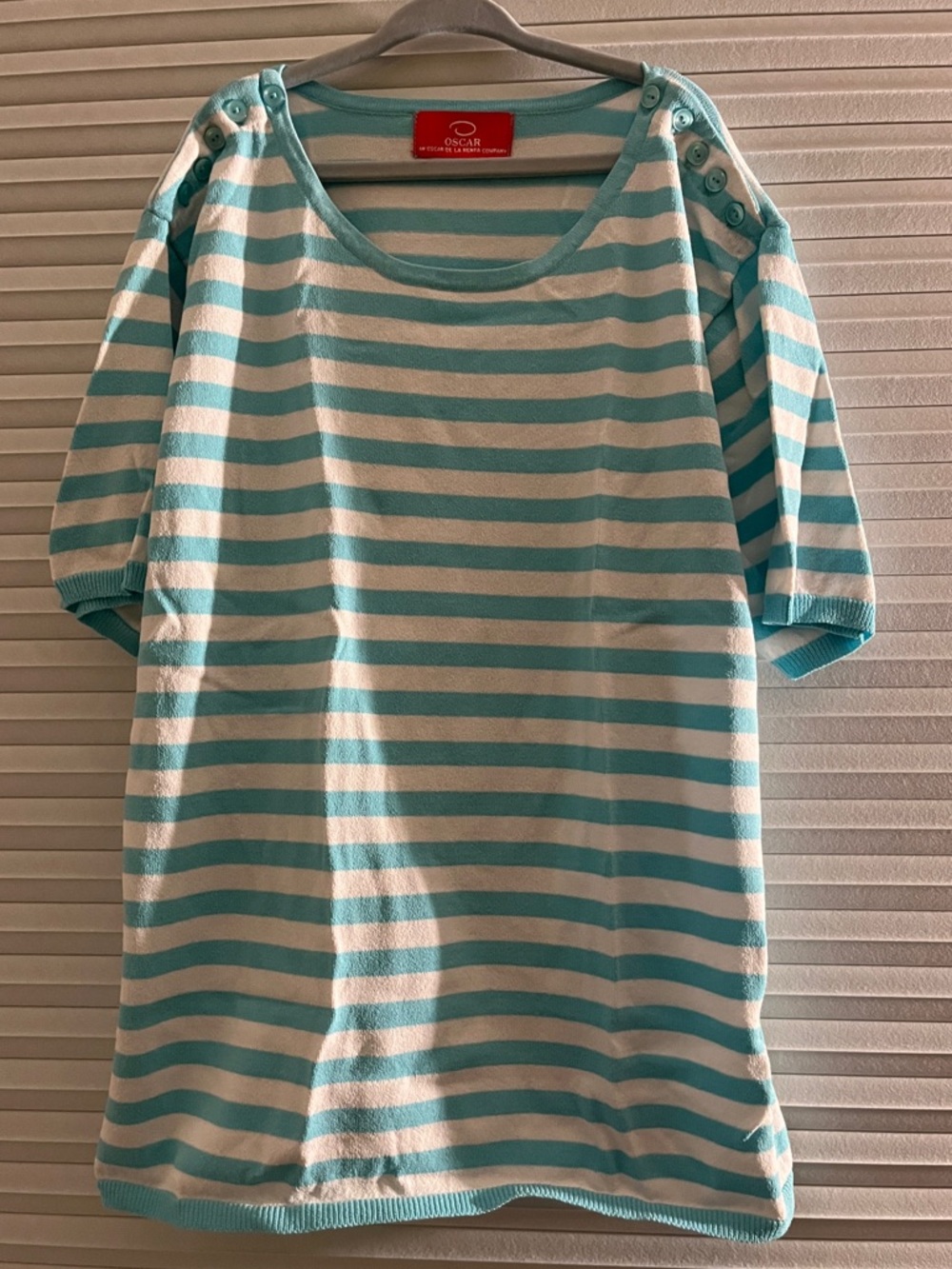 Vintage Oscar de la Renta Striped Knit Top - Turquoise & White Approx. Small